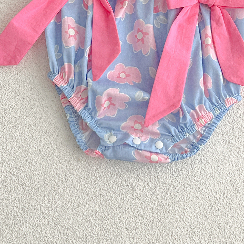 (In Production)Sisters Spring&Summer Floral Print Bow Dress,Romper
