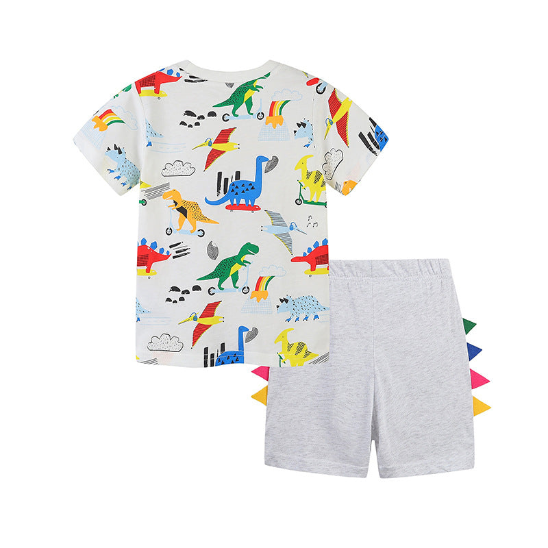 (In Production)Boys Spring&Summer Dino Print Cotton Shorts Set