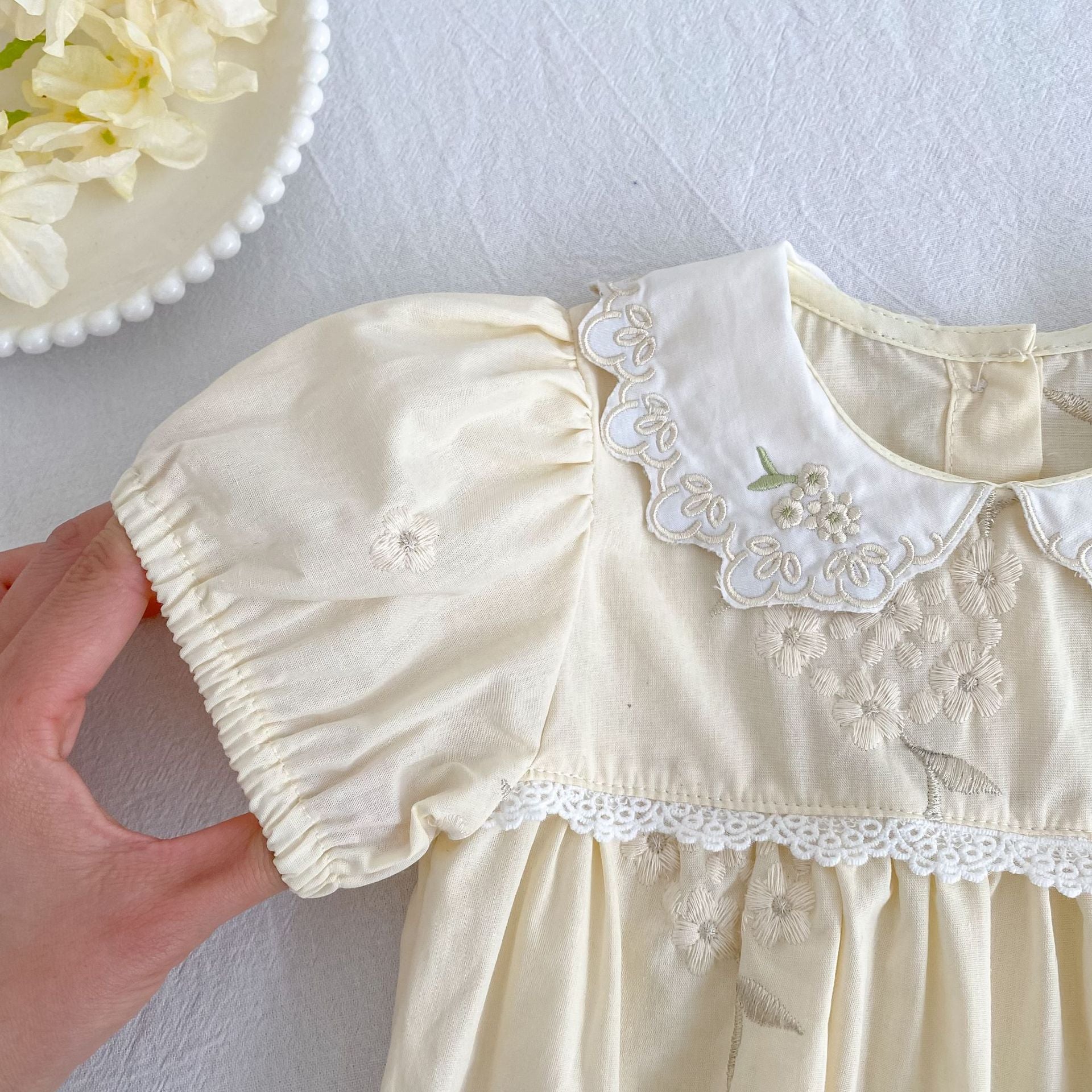 (Pre Order 2 Weeks)Sisters Floral Embroidery Baby Collar Dress&Romper