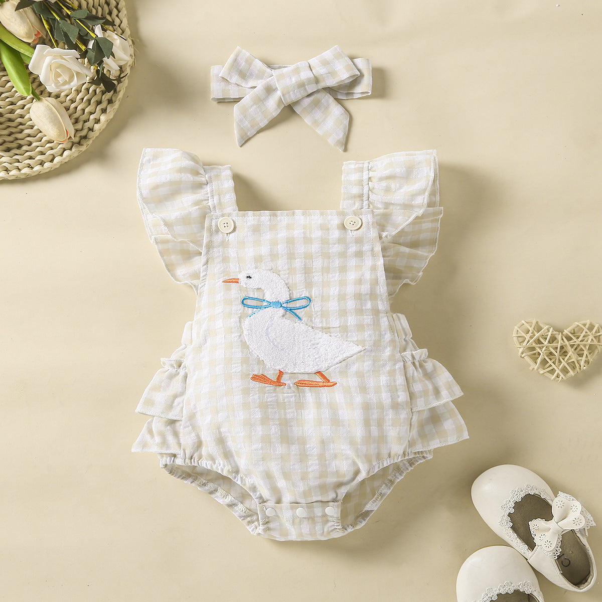 (In Production)Toddler Girls Spring&Summer Goose Chenille Patches Romper