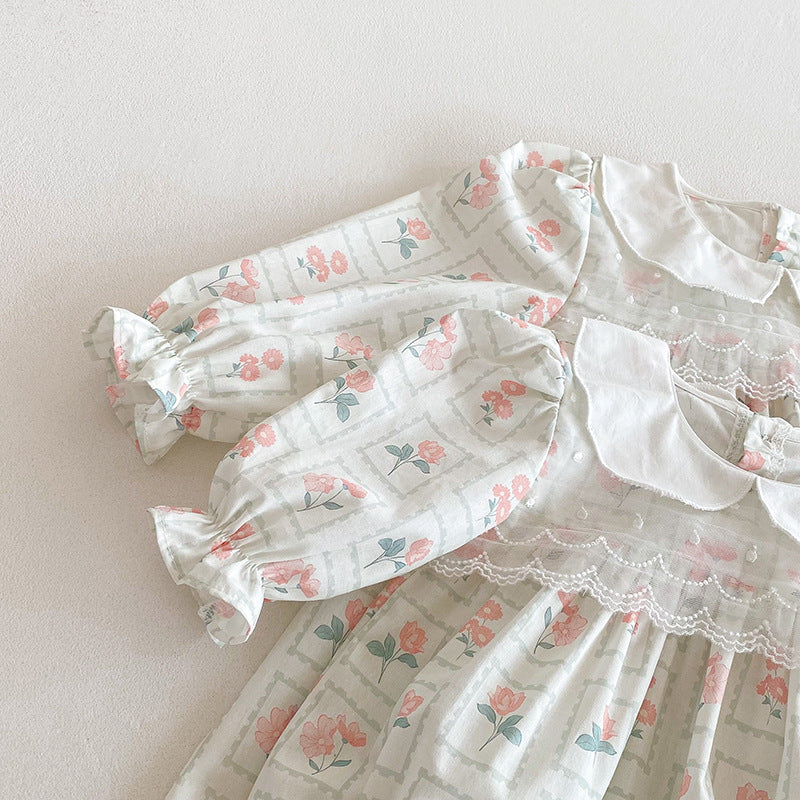 (In Production)Sisters Baby Collar Floral Print Dress&Romper