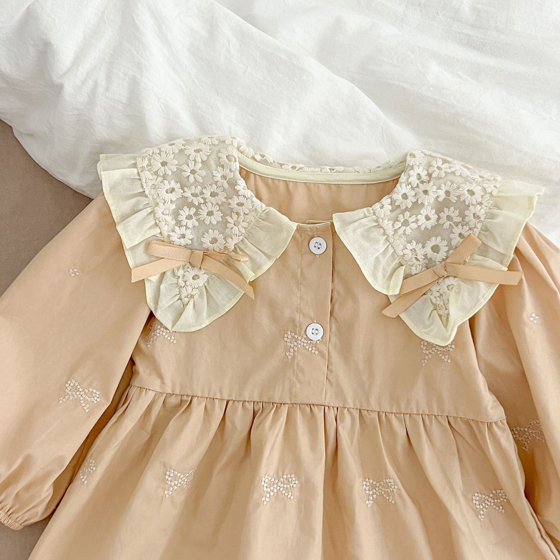 (Pre Order 2 Weeks)Sisters Fall Bow Embroidery Collar Dress&Romper