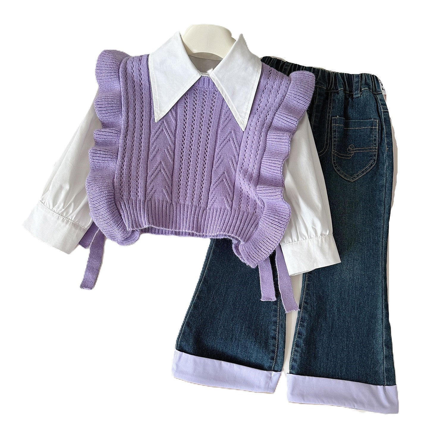 (In Production)Girls Fall&Winter Sweater Vest Shirt Jeans 3 pcs