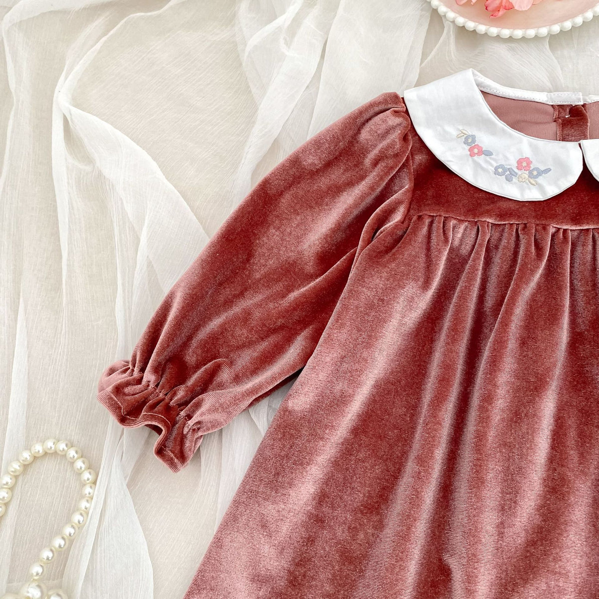 (Pre Order 2 Weeks)Sisters Fall Embroidery Collar Velvet Dress