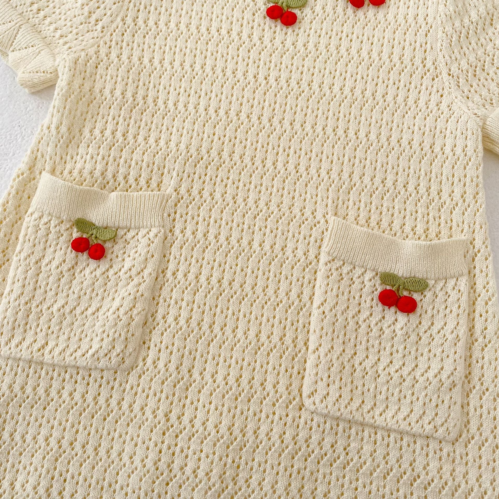 (In Production)Girls Spring&Summer Knitted Ruffle Cherry Dress&Shorts Set