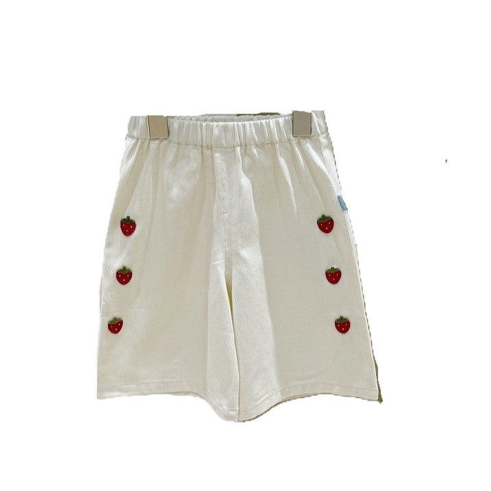 (In Production)Girls Spring&Summer Strawberry Embroidery Pants Set