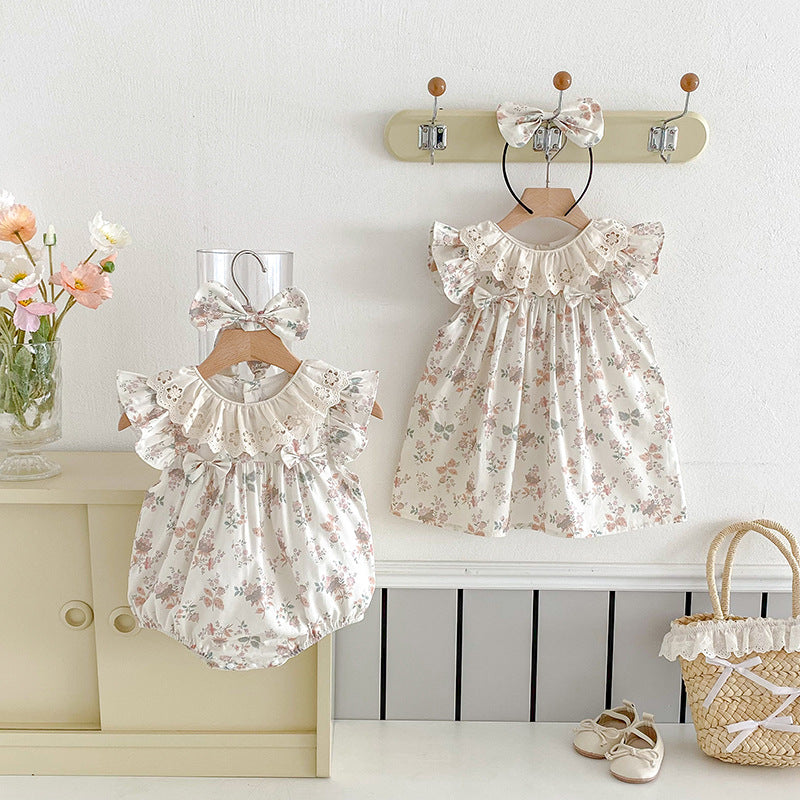 (In Production)Sisters Spring&Summer Floral Print Lace Dress,Romper