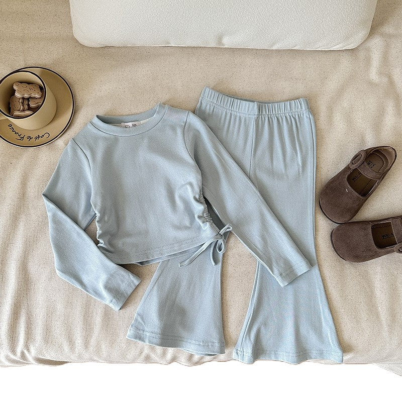 (In Production)Girls Fall&Winter Solid Color Top Flare Pants Set