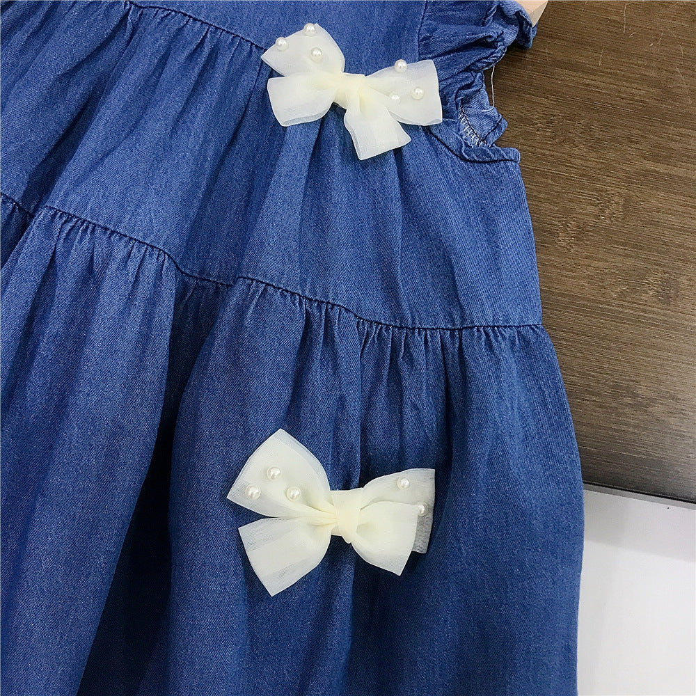 (In Production)Girls Spring&Summer Bow Denim Dress