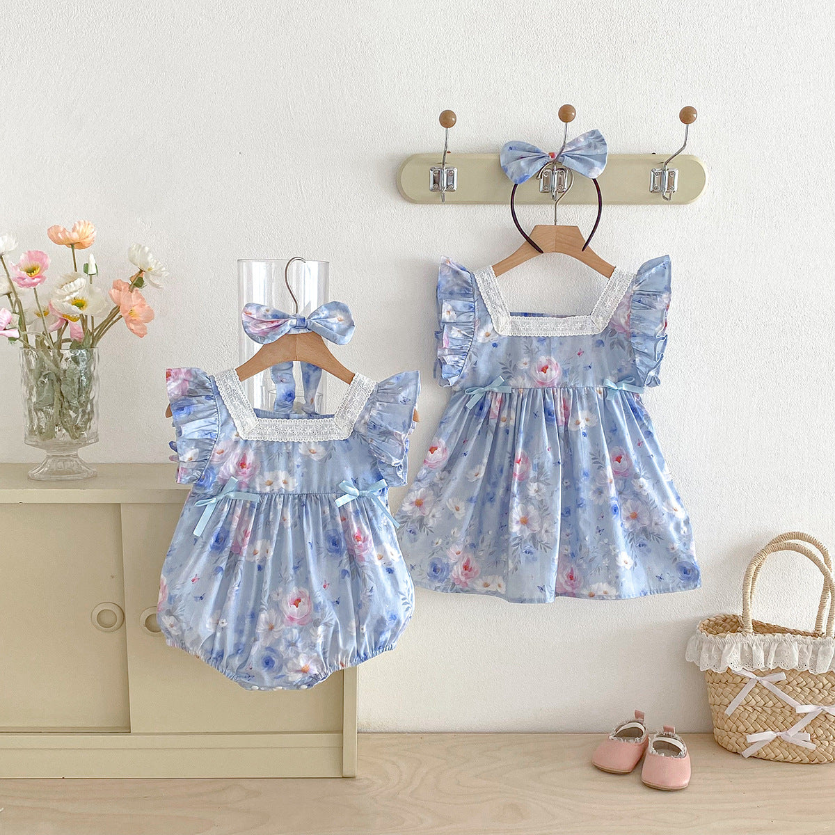 (In Production)Sisters Spring&Summer Floral Print Lace Ruffle Dress,Romper