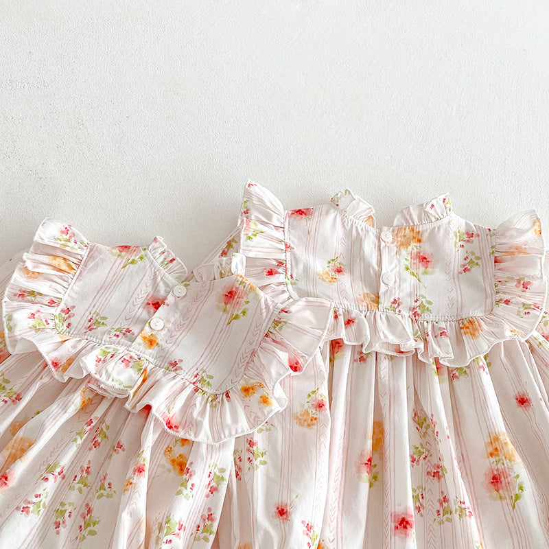 (In Production)Sisters Fall Floral Print Ruffle Dress&Romper