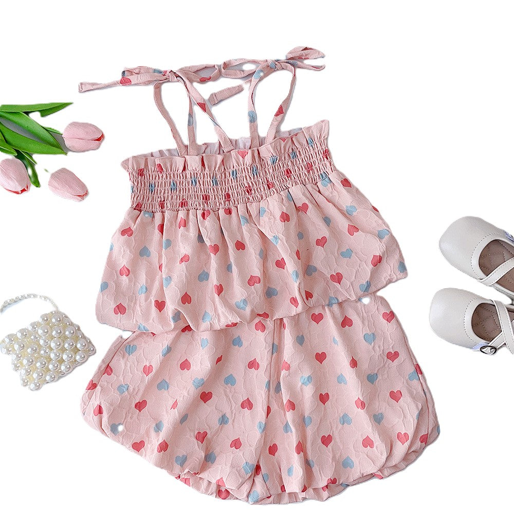 (In Production)Girls Spring and Summer Heart Print Smocked Shorts Set