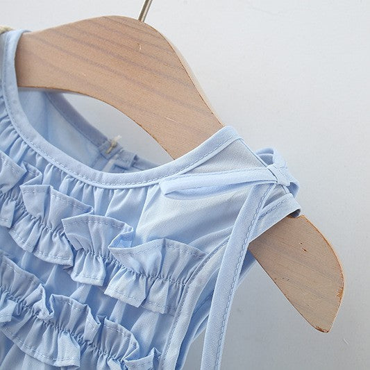 (In Production)Girls Spring and Summer Baby Blue Solid-color Dress with Bag