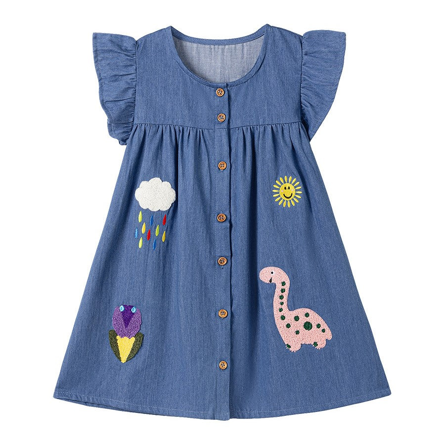 (In Production)Girls Spring&Summer Dino Chenille Patches Denim Dress