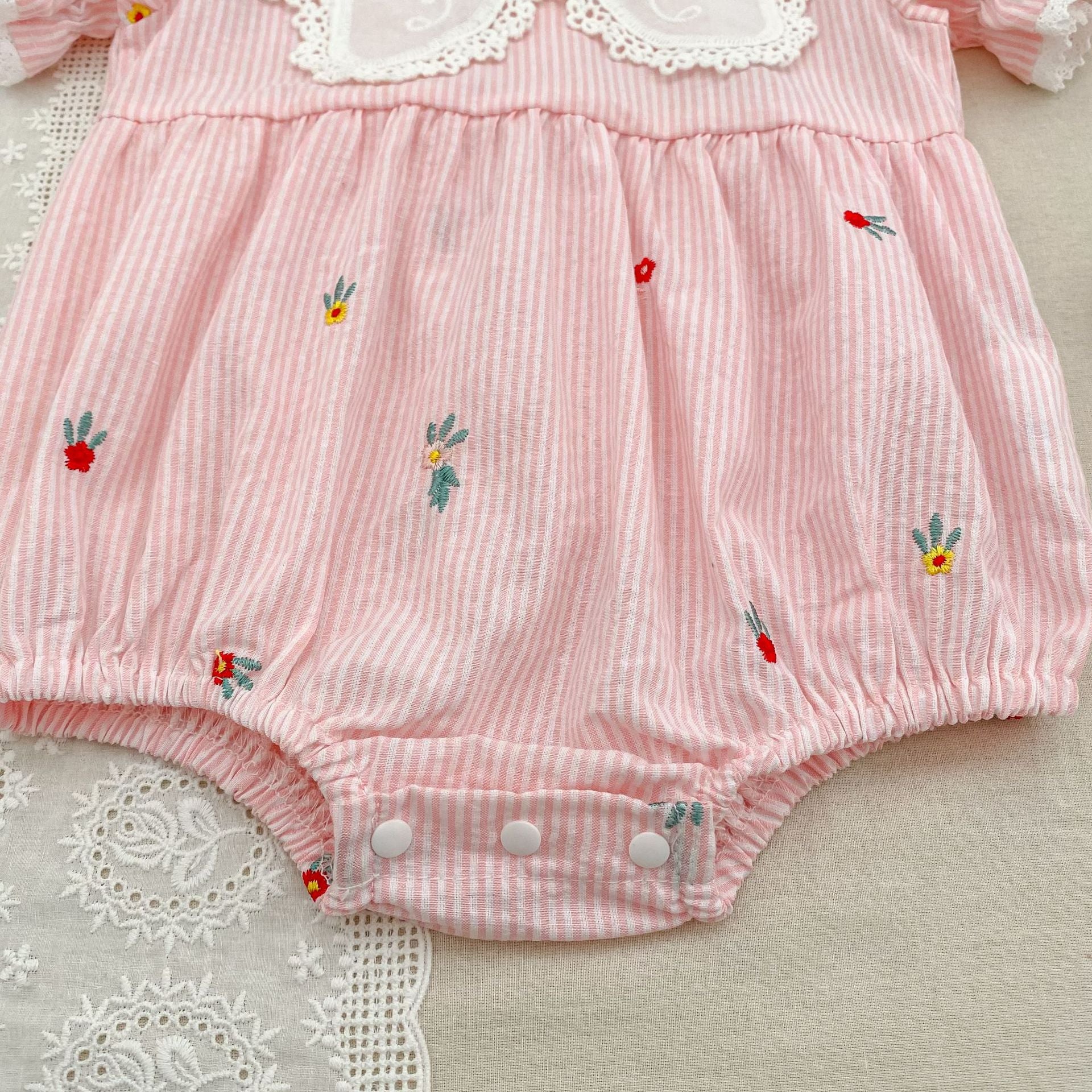 (Pre Order 2 Weeks)Sisters Floral Embroidery Pink Stripe Dress&Romper
