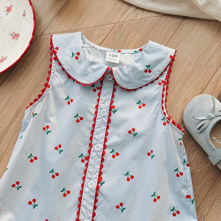 (In Production)Girls Spring&Summer Cherry Print Sleeveless Dress
