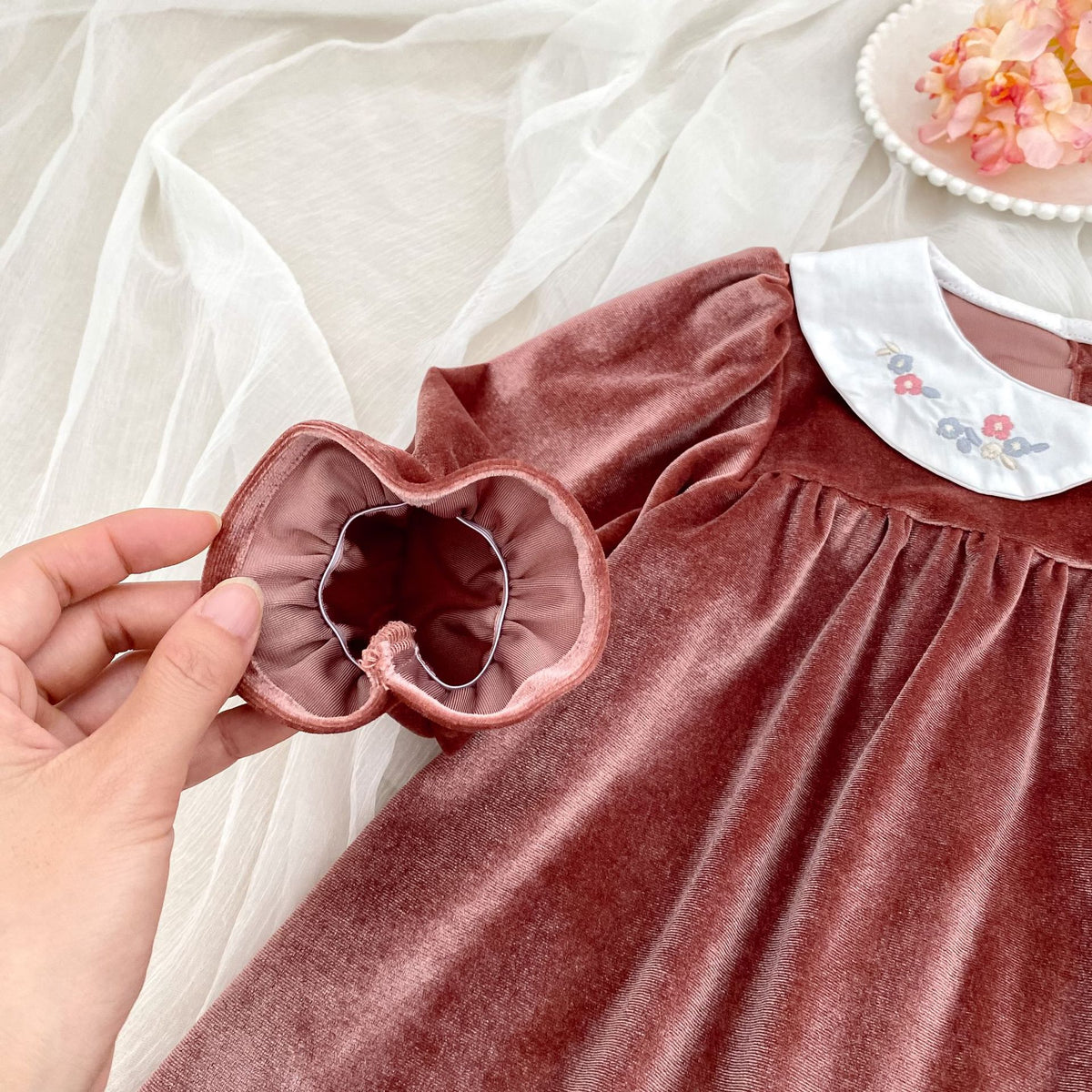(Pre Order 2 Weeks)Sisters Fall Embroidery Collar Velvet Dress