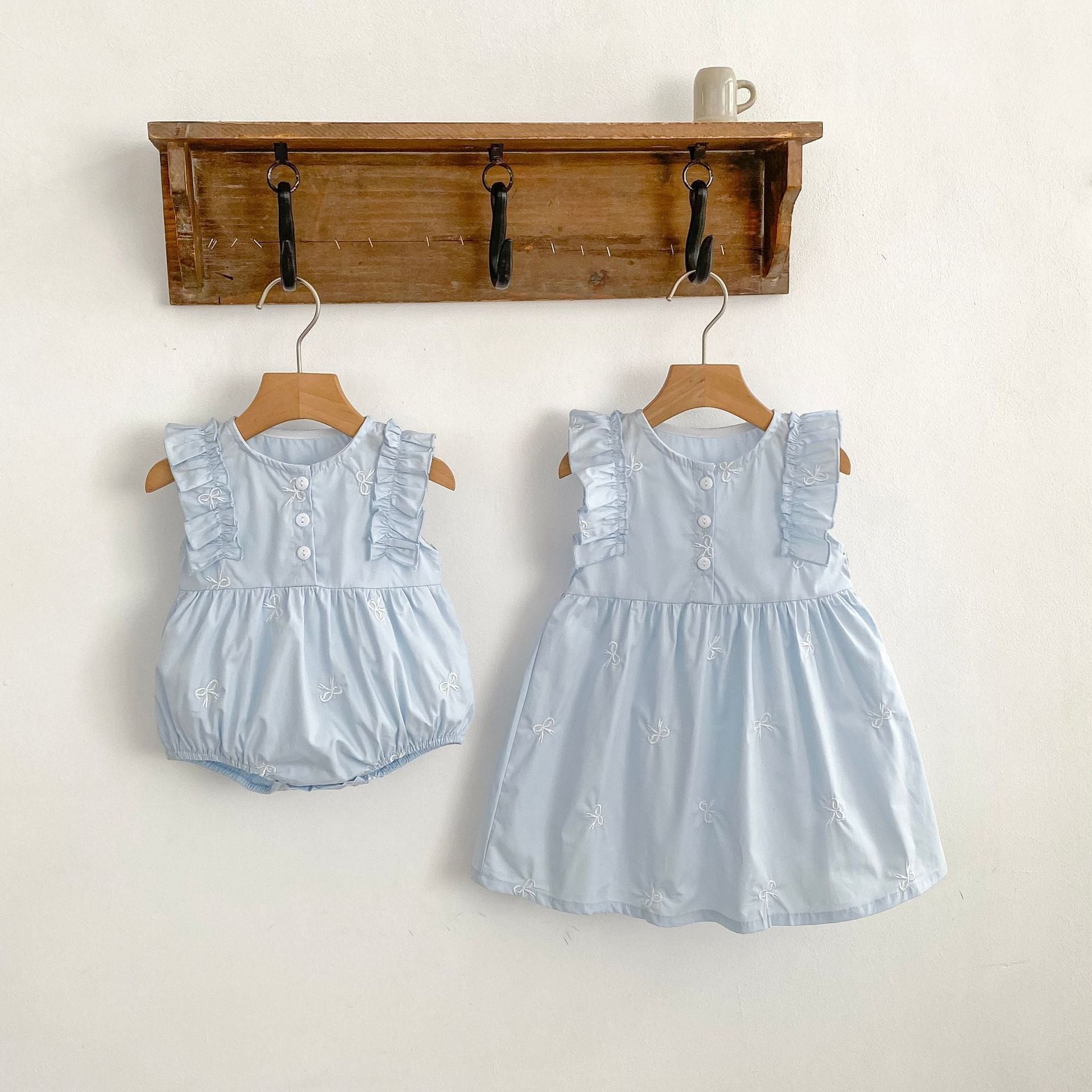 (In Production)Sisters Spring&Summer Bow Embroidery Cotton Dress,Romper