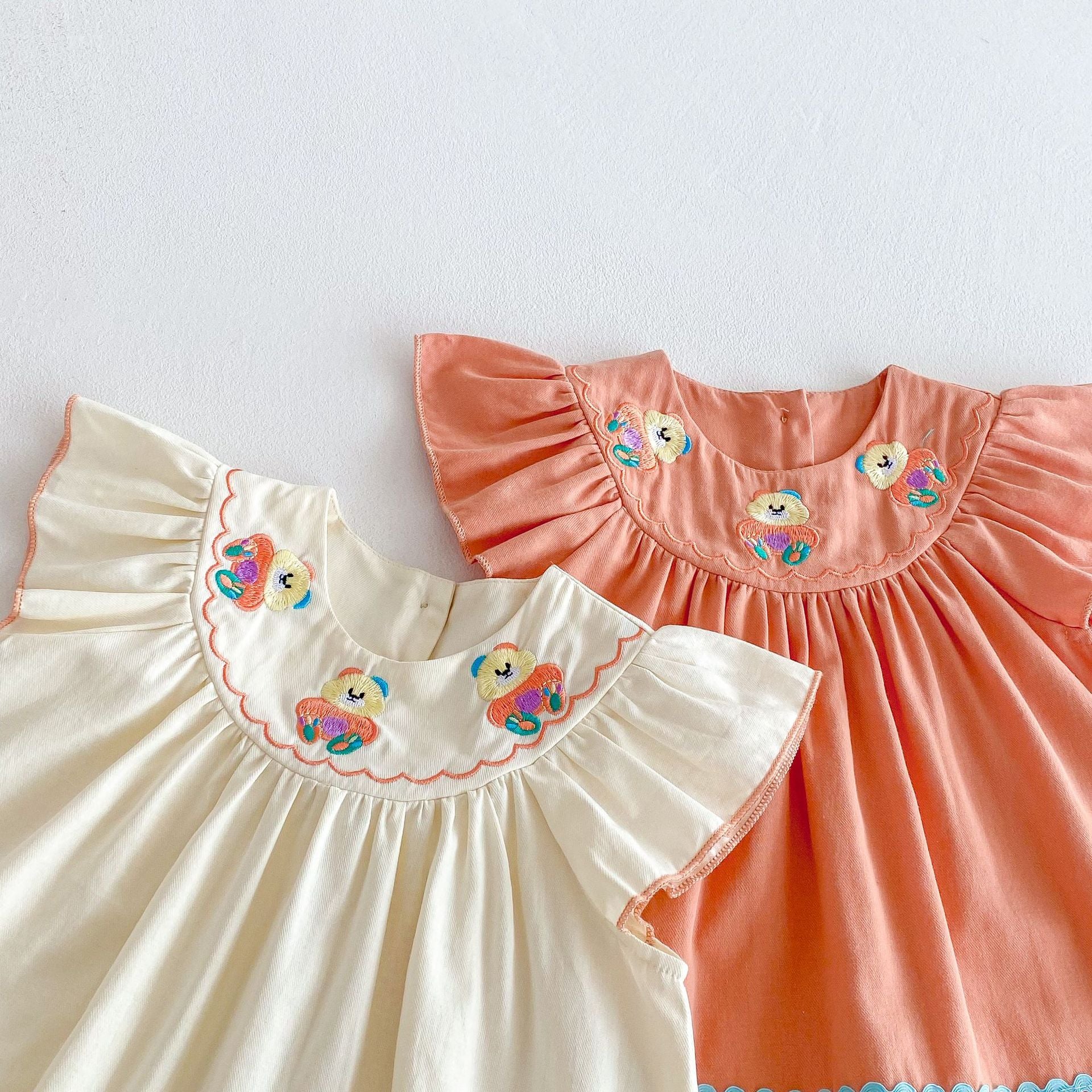 (Pre Order 2 Weeks)Girls Bear Embroidery Flying Sleeves Dress