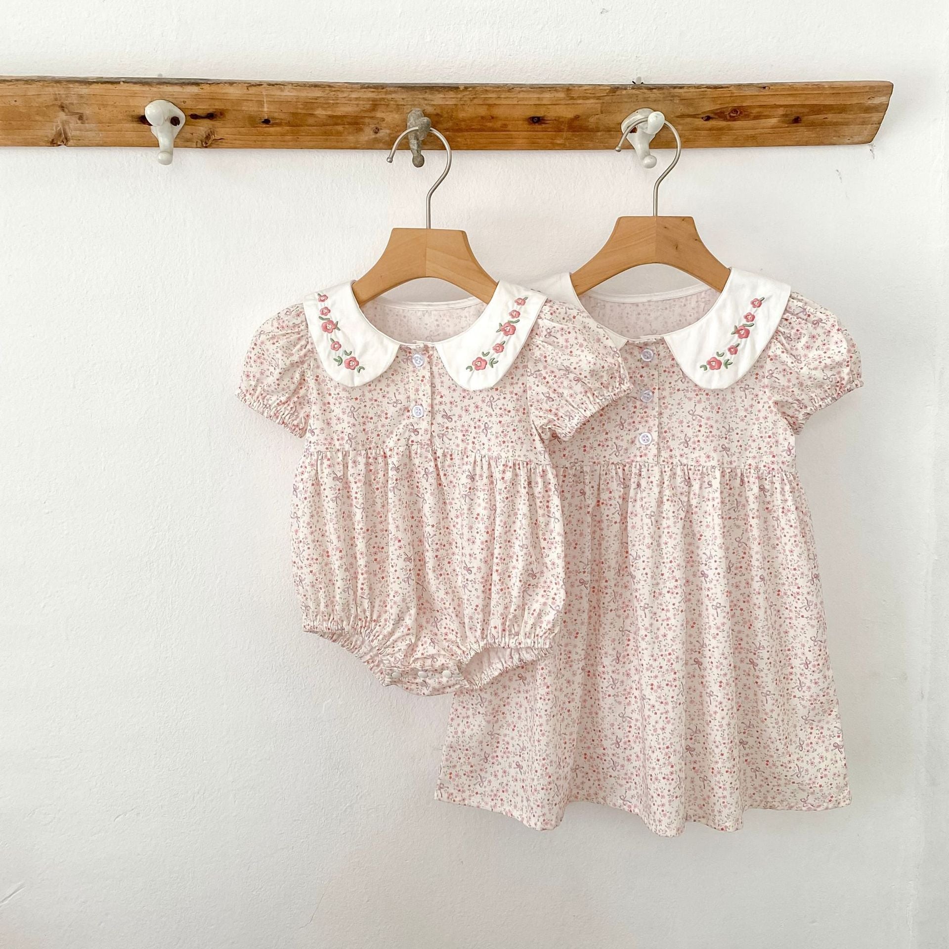 (Pre Order 2 Weeks)Sisters Floral Embroidery Baby Collar Dress&Romper