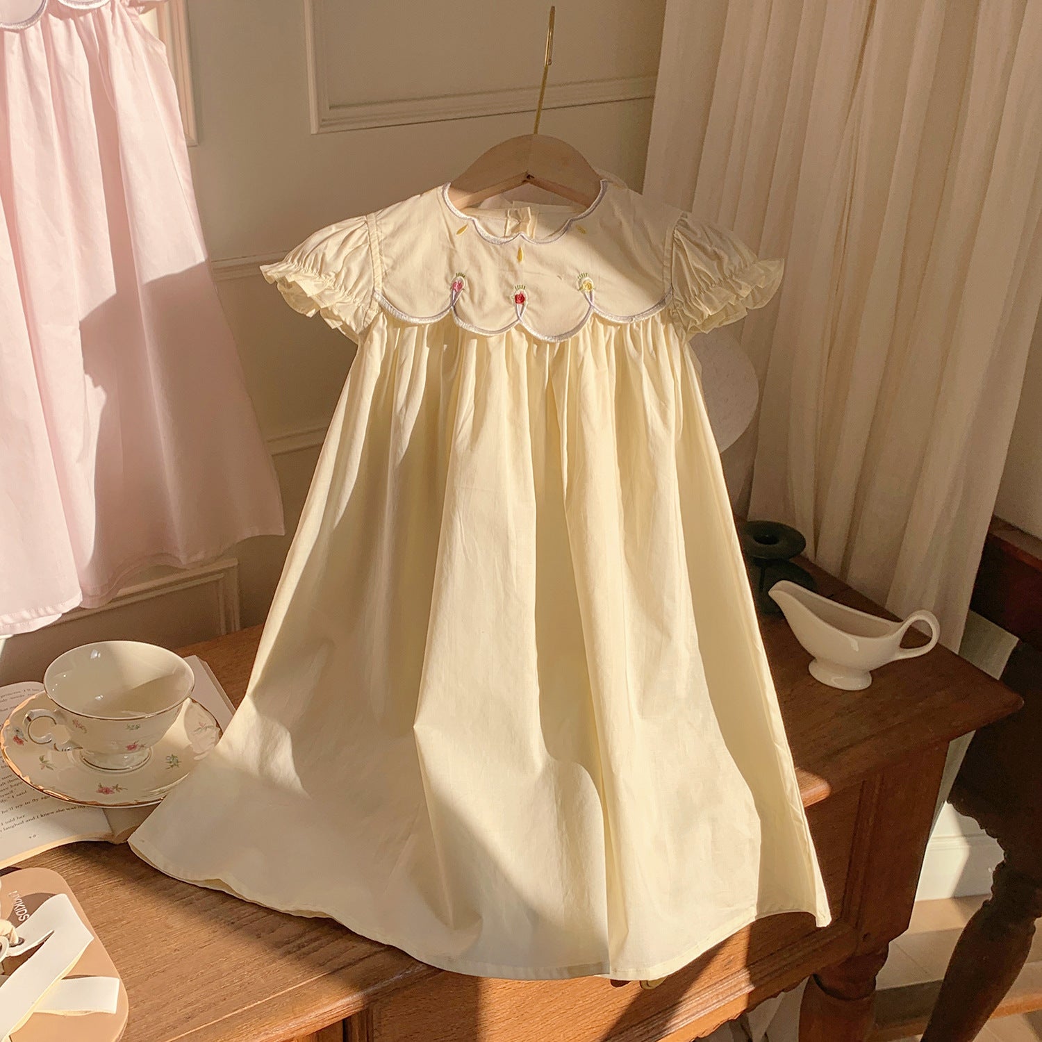 (In Production)Girls Spring&Summer Scallop Collar Embroidery Dress