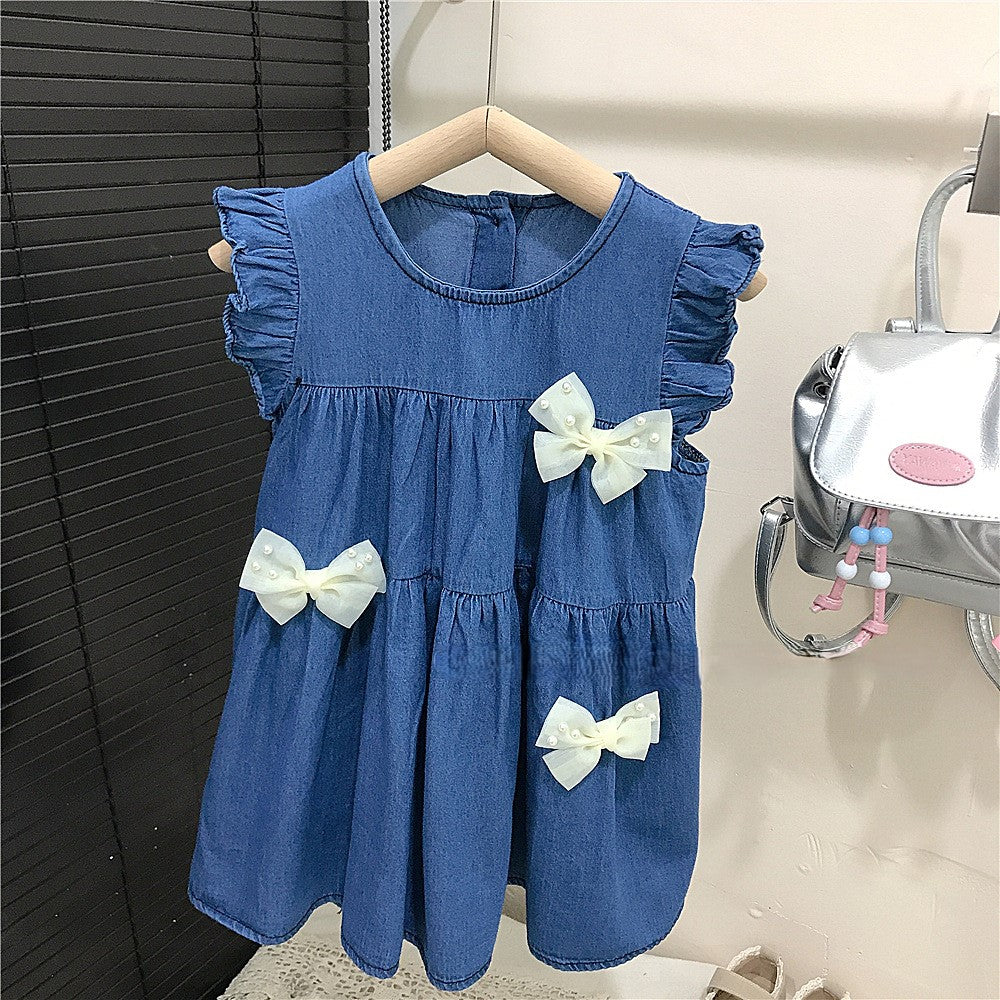 (In Production)Girls Spring&Summer Bow Denim Dress