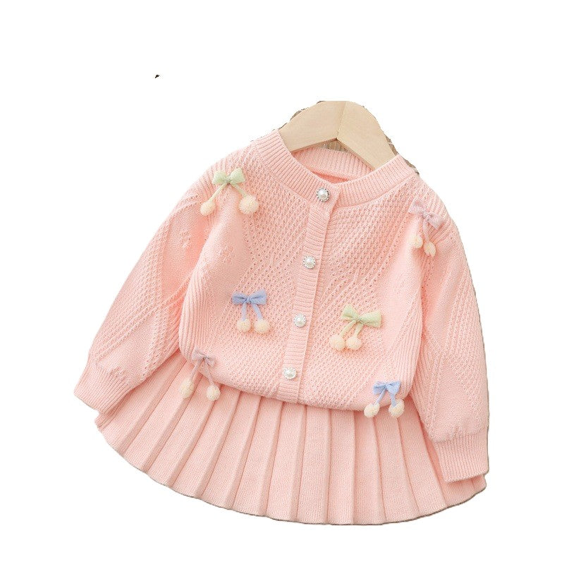 (In Production)Girls Fall&Winter Cherry Sweater Cardigan Skirt Set