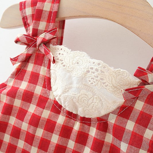 (In Production)Girls Spring and Summer Red Plaid Dress with Straw Hat