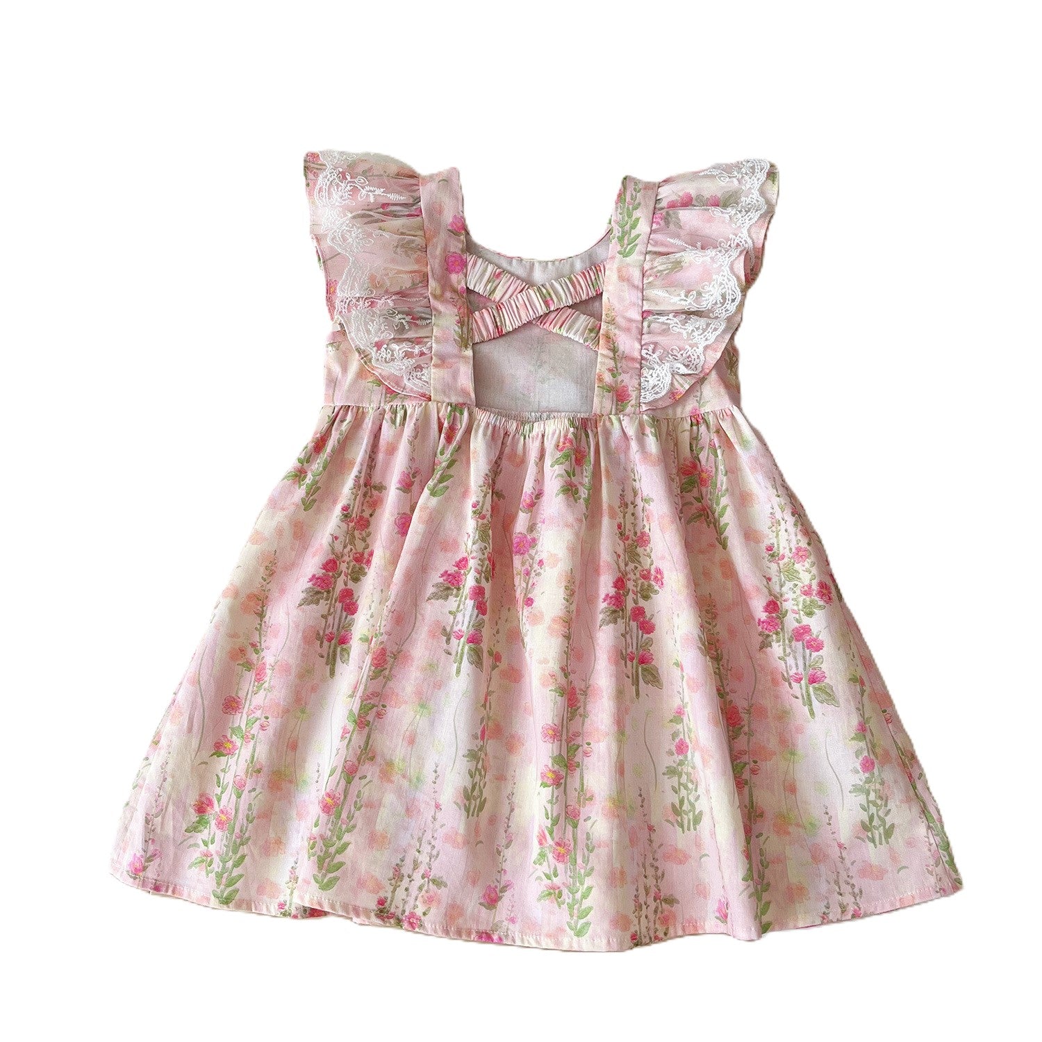 (Pre Order)Girls Spring and Summer Floral Print Green Bow Dress