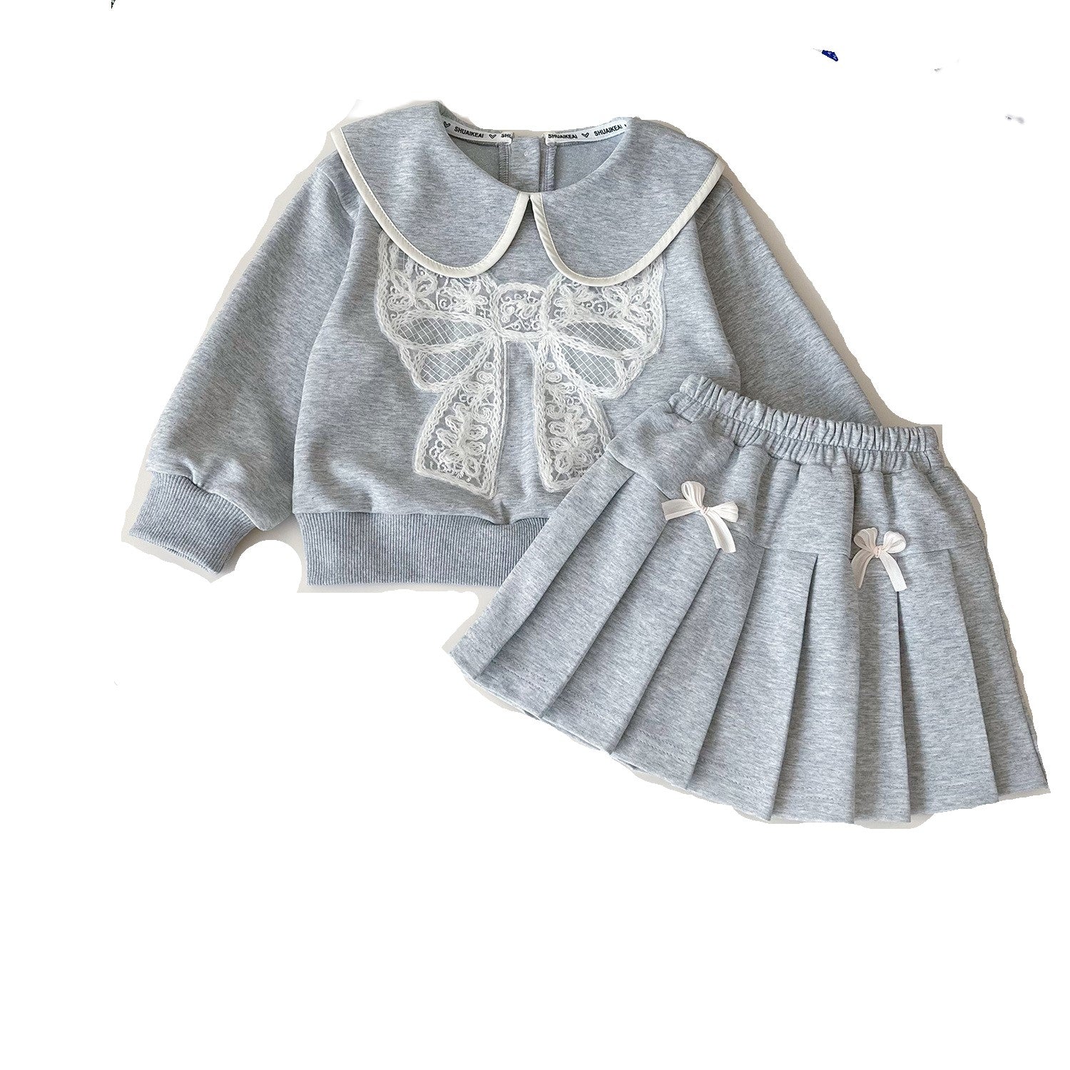 (In Production)Girls Fall&Winter Bow Applique Doll Collar Sweatshirt Set