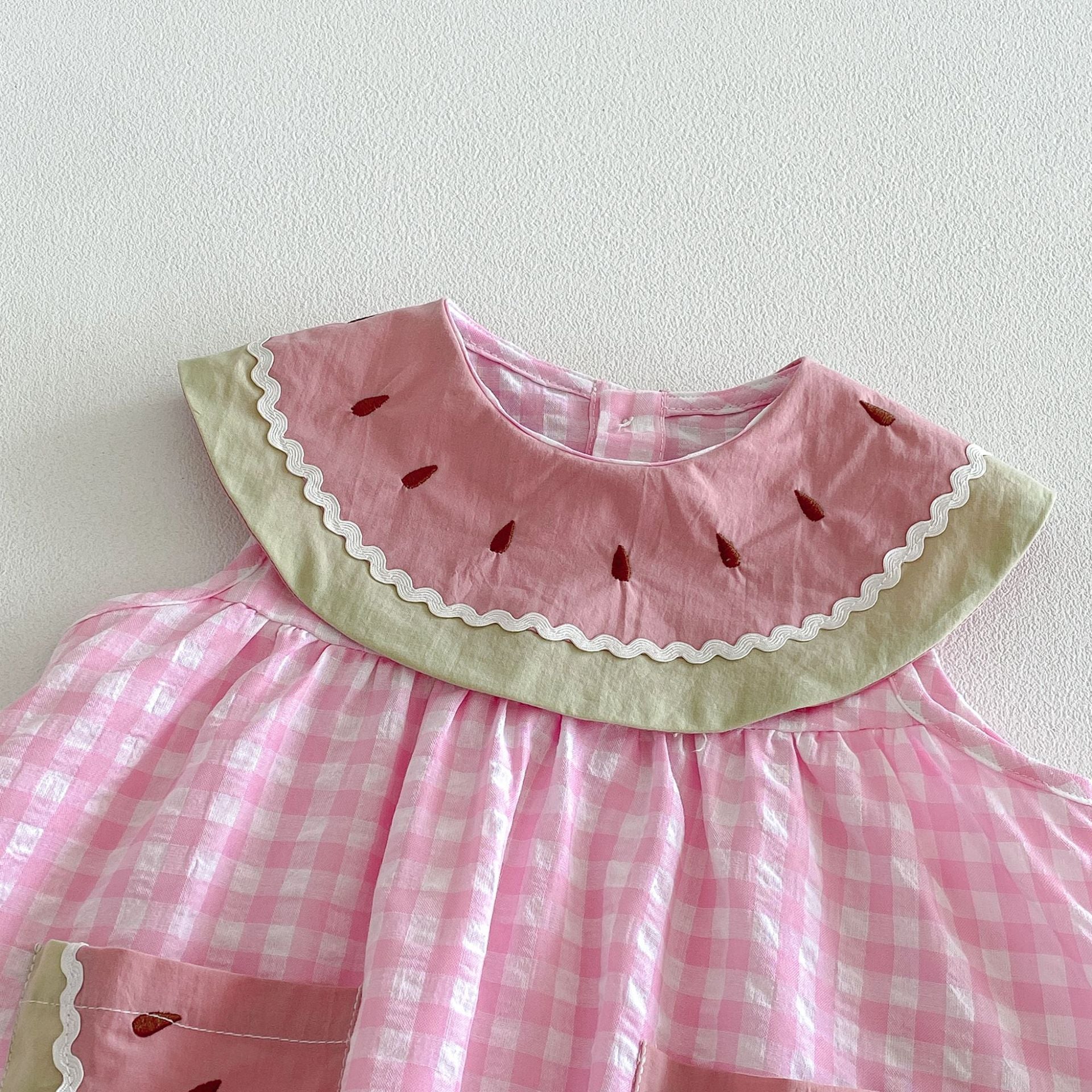 (In Production)Sisters Summer Watermelon Embroidery Scallop Dress&Romper with Pockets