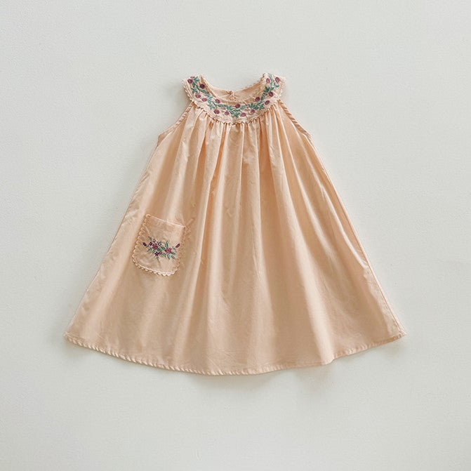 (In Production)Girls Spring&Summer Floral Embroidery Sleeveless Dress