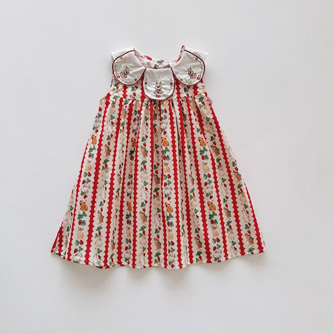 (In Production)Girls Easter Bunny Embroidery Flower-shaped Collar Dress