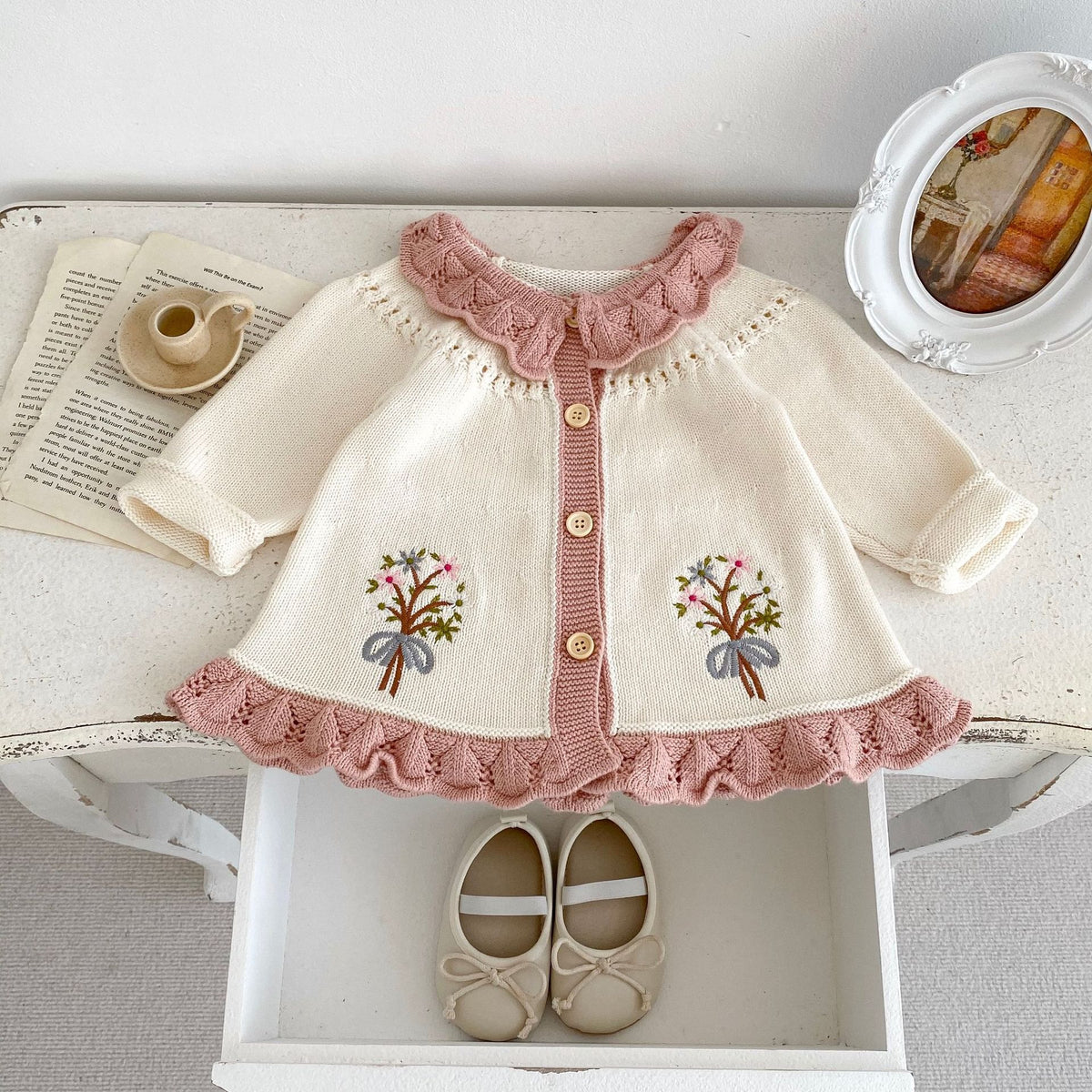 (Pre Order 2 Weeks)Girls Fall Floral Embroidery Sweater Cardigan