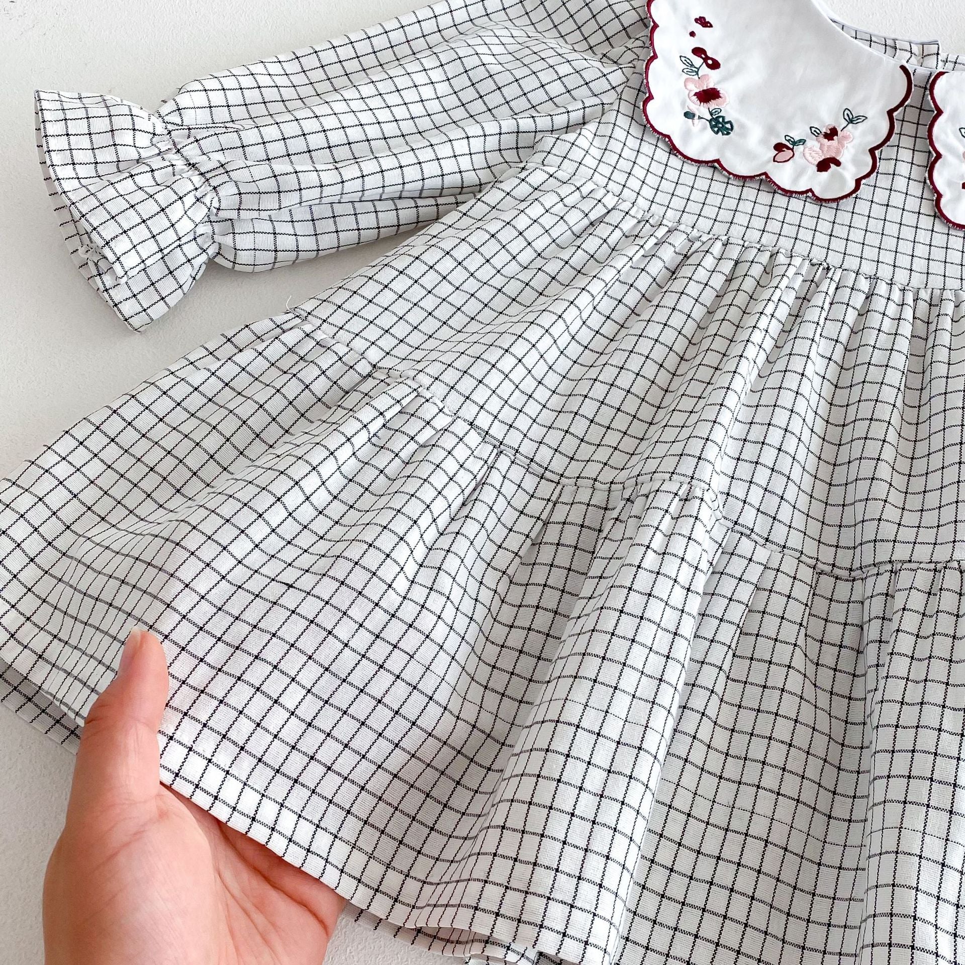 (In Production)Girls Fall Floral Embroidery Scallop Collar Dress