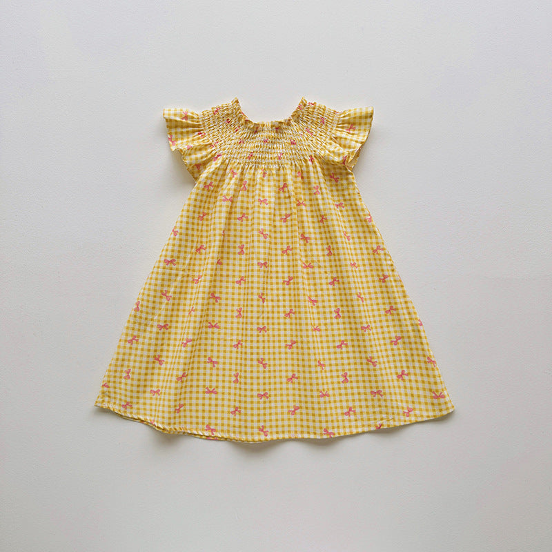 (In Production)Girls Spring&Summer Bow Print Smocked Dress