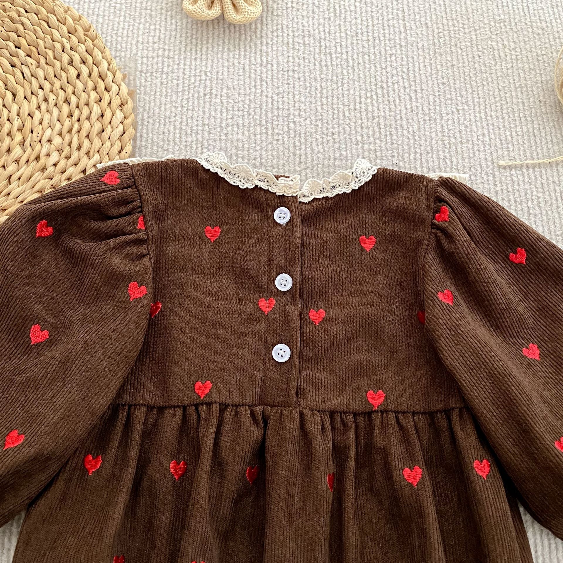 (Pre Order 2 Weeks)Sisters Fall Heart Embroidery Corduroy Dress&Romper