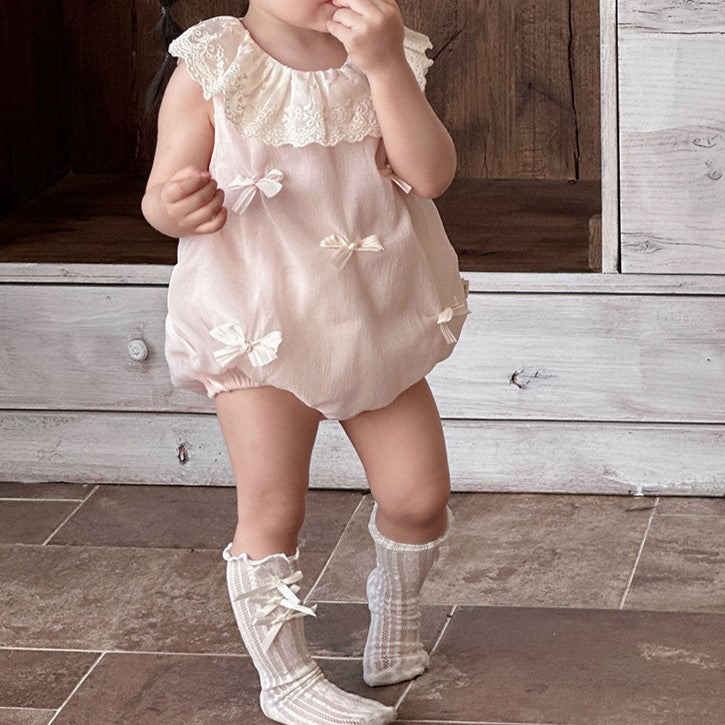 (In Production)Toddler Girls Spring&Summer Bow Lace Doll Collar Romper