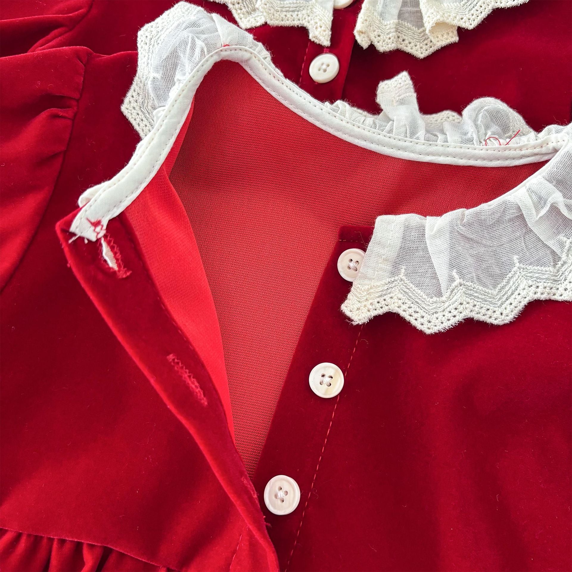 (In Production)Sisters Christmas Red Velvet Ruffle Dress&Romper