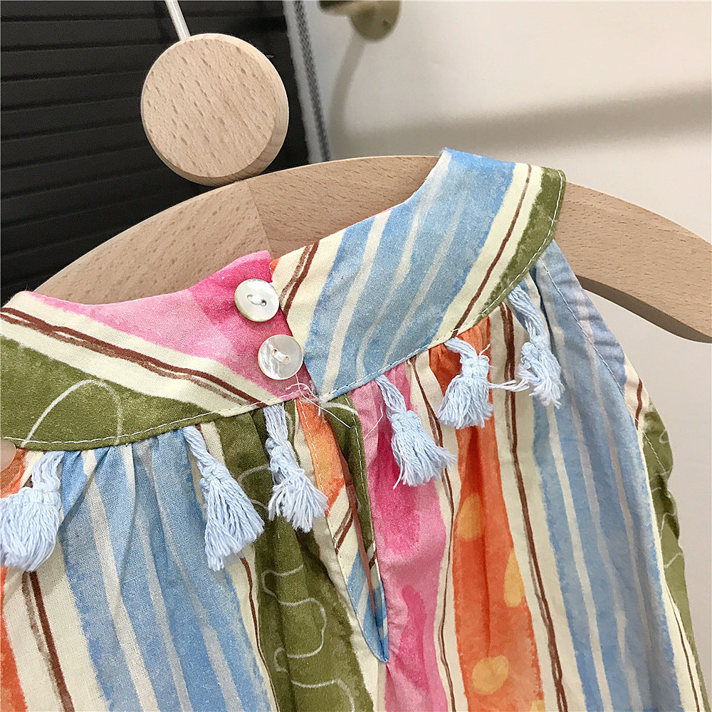 (In Production)Girls Spring&Summer Striped Fringed Dress