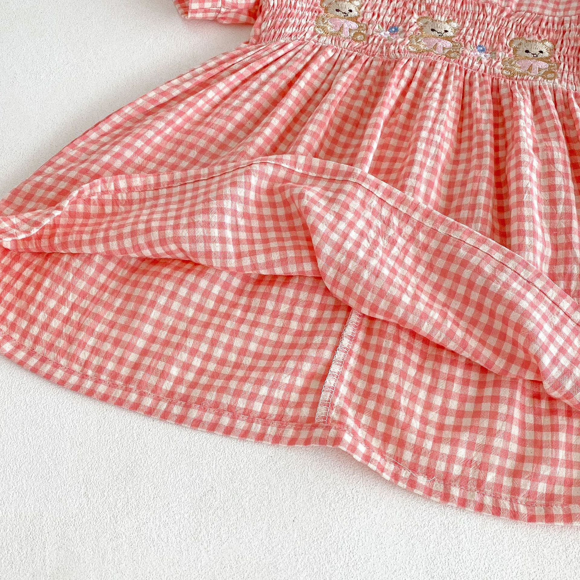 (Pre Order 2 Weeks)Girls Fall Plaid Bear Embroidery Smocked Dress