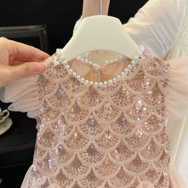(In Production)Girls Spring&Summer Mermaid Sequin Tulle Dress with Veil