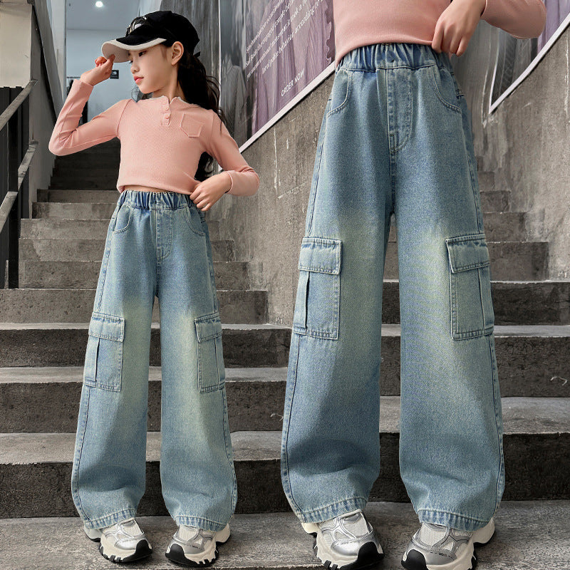 (In Production)Girls Spring Multi-pocket Jeans