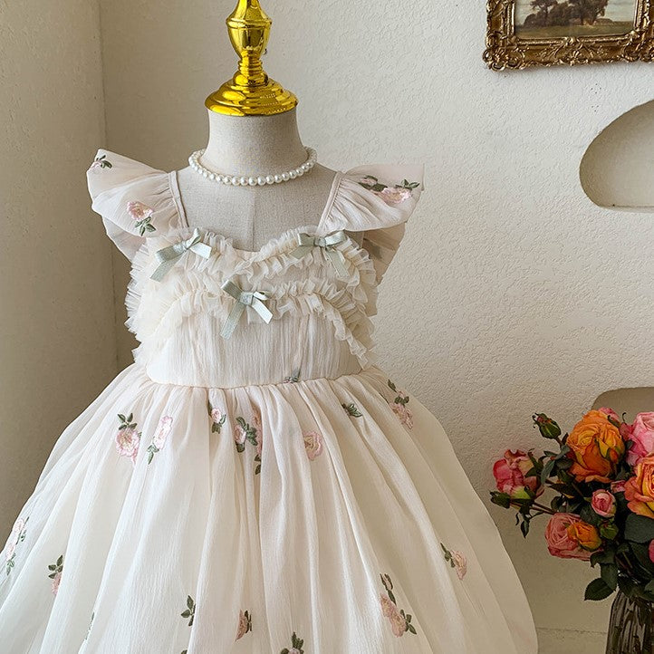 (In Production)Girls Spring&Summer Rose Embroidery Tulle Dress