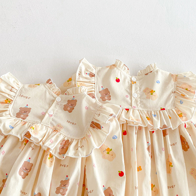 (Pre Order 2 Weeks)Sisters Fall Bear Print Ruffle Dress&Romper
