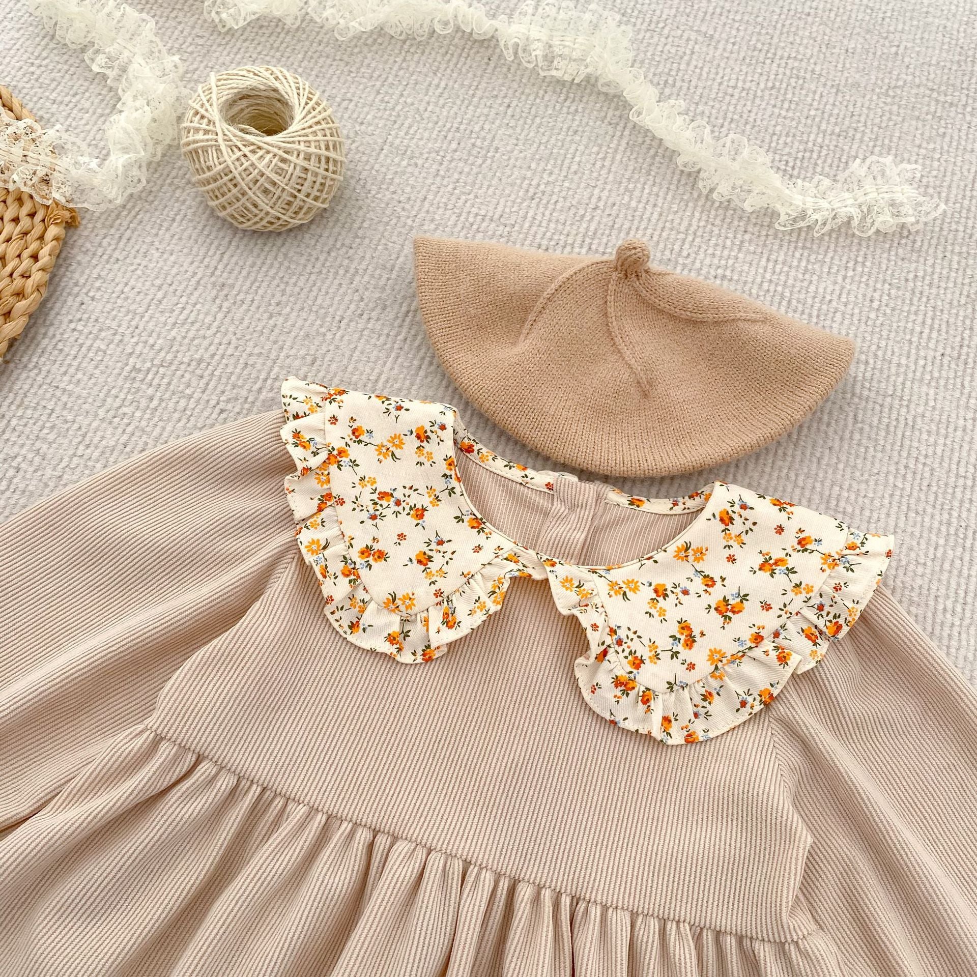 (Pre Order 2 Weeks)Sisters Fall Floral Ruffle Collar Corduroy Dress&Romper