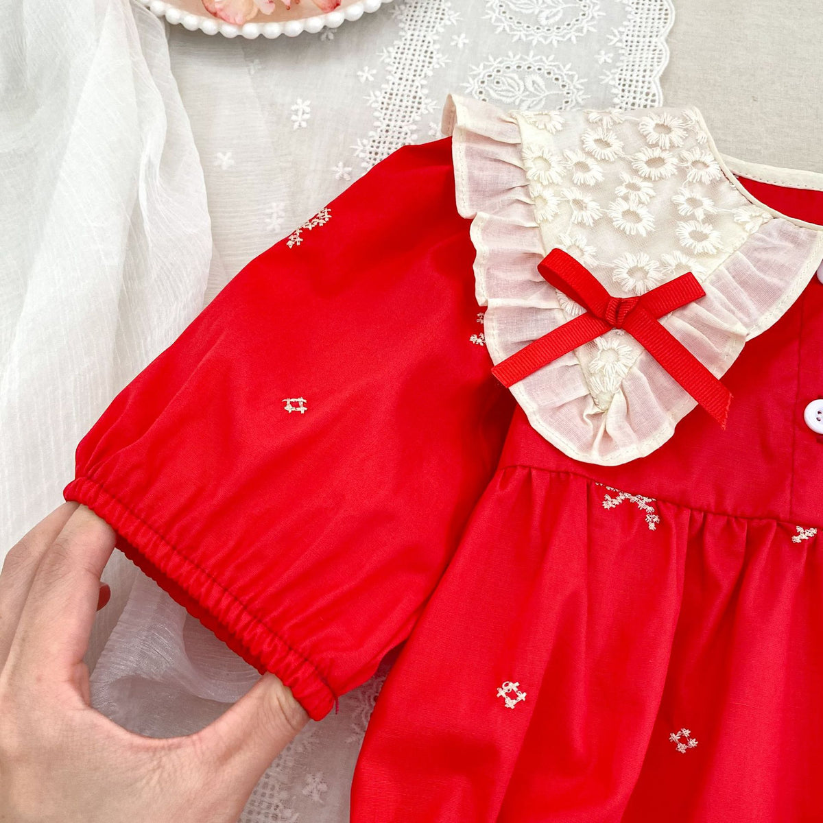 (Pre Order 2 Weeks)Sisters Christmas Bow Embroidery Dress&Romper