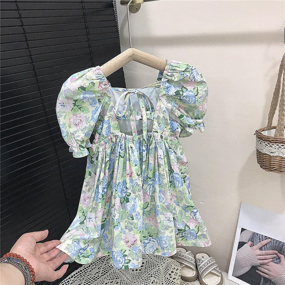 (In Production)Girls Spring&Summer Floral Print Backless Dress