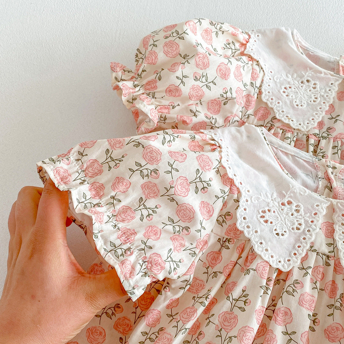(In Production)Sisters Summer Rose Print Baby Collar Dress&Romper