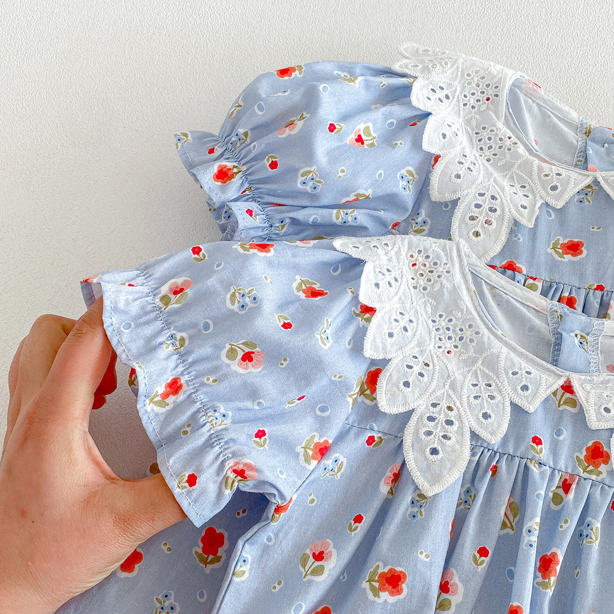 (In Production)Sisters Summer Floral Print Baby Collar Dress&Romper